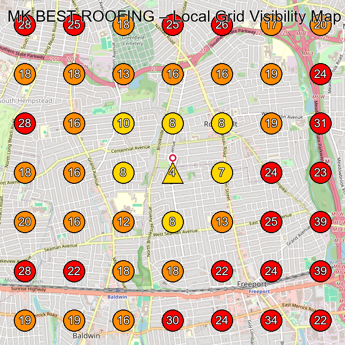 MK BEST ROOFING GeoGrid visibility map for Roofing Contractor in Merrick